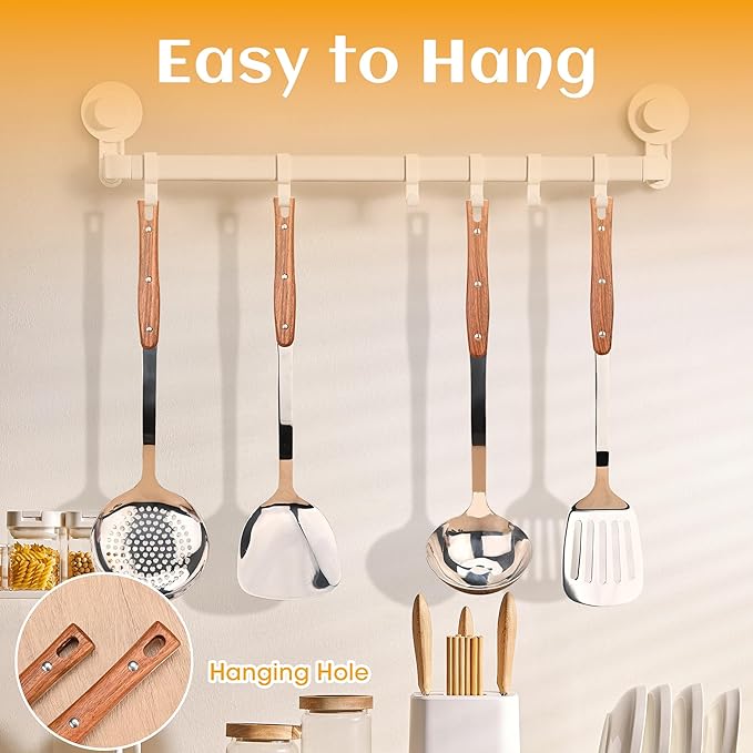 FJNATINH Kitchen Utensils Set, Wok Spatulas, Ladle, Skimmer Spoon, Slotted Turners, Heat Resistant Stainless Steel Wok Tools for Serving, Cooking, Stirring, 4Pcs