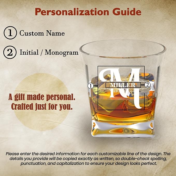 Personalized Engraved Whiskey Glass 10.25 oz – Etched Bourbon Glass with Heavy Base, Old Fashioned Cocktail Glass, Groomsmen & Father’s Day Gift (Whiskey Design 7)
