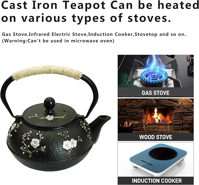 YJX 27oz Small Cast Iron Teapot for Stovetop, Japanese Tetsubin with Enamel, Beautiful Decorative Tea Pot, Durable Tea Kettle with Stainless Steel Infuser for Loose Tea(800ML)