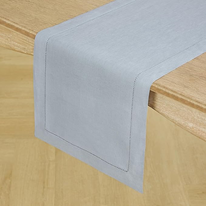 Solino Home Linen Dusty Blue Table Runner 36 Inches - Classic Hemstitch, 100% Pure Linen Coffee Table Runner 14 x 36 Inch Ideal for Dresser Tables - Winter, Spring, Easter