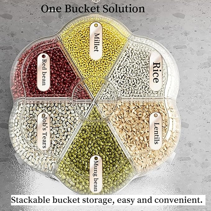 360° Rotating Candy & Grain Dispenser with 6 Compartments, One-Click Dry Food Cereal Dispenser, Large Capacity Transparent Storage Container for Rice, Grains, Nuts & Snacks (Dark green, B)
