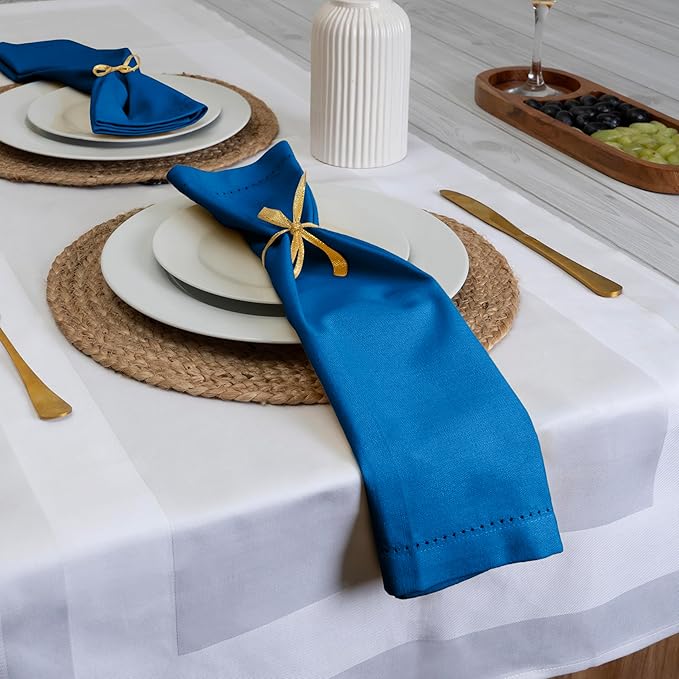 Blue Needles Set of 12 Hemstitch Linen Napkins 100% Cotton Royal Blue Cloth Dinner Napkins 18x18 inches, Soft, Reusable, Absorbent, Washable, Ideal for Wedding Events, Parties & Everyday Use