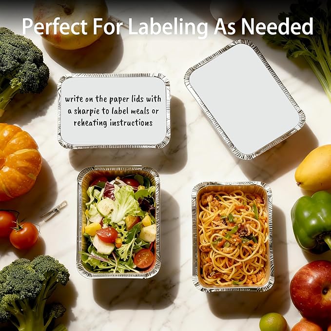 Aluminum Foil Pans with Lids - 2.25 LB Food Containers Disposable Tin Foil Meal Prep Containers with Lids, 50 Pans and 50 Cardboard Covers for Baking, Freezer & Food Storage, 8.5" X 6" (30 Pack)