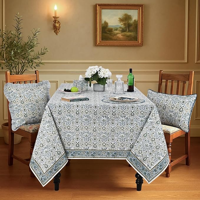 Ridhi Hand Block Print Indigo Rectangle Cotton Tablecloth 120" x 60" Reusable Table Cover Decorative Everyday Use for Dining, Farmhouse, Home Gift for Spring, Easter, Valentine