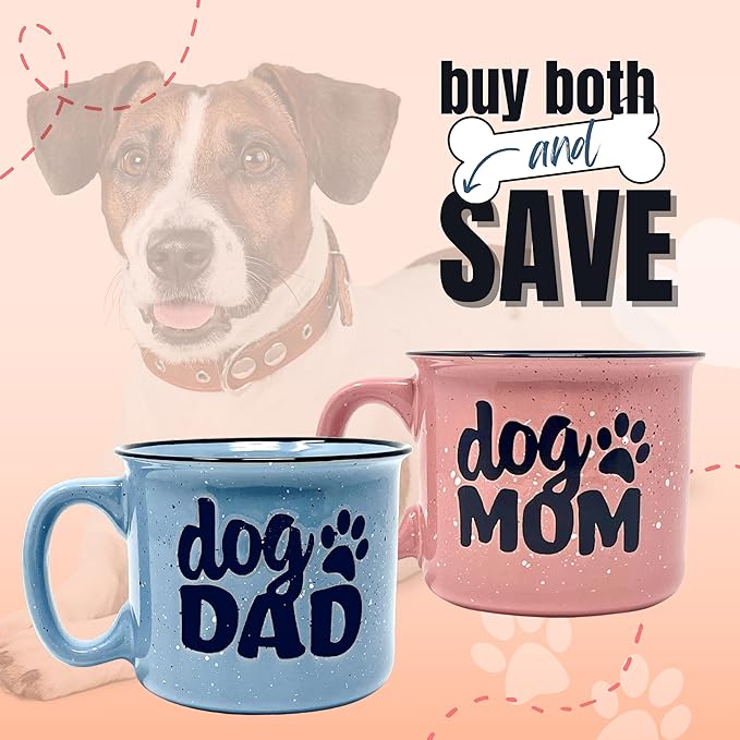 Dog Mom and Dog Dad - Cute Funny 15 oz Coffee Mug Gift Set for Dog Lovers, Dog Parents - Fur Mama - Unique Fun Gifts for Pet Lovers - Large Sturdy Ceramic Travel Coffee Cups & Mugs with Quotes