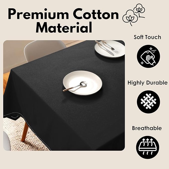 Farmhouse 52"x70" Tablecloth 100% Cotton Washable Rustic Rectangle Table Cover Decorative for Gifts, Dining, BBQ, Buffet Parties & Camping - Black