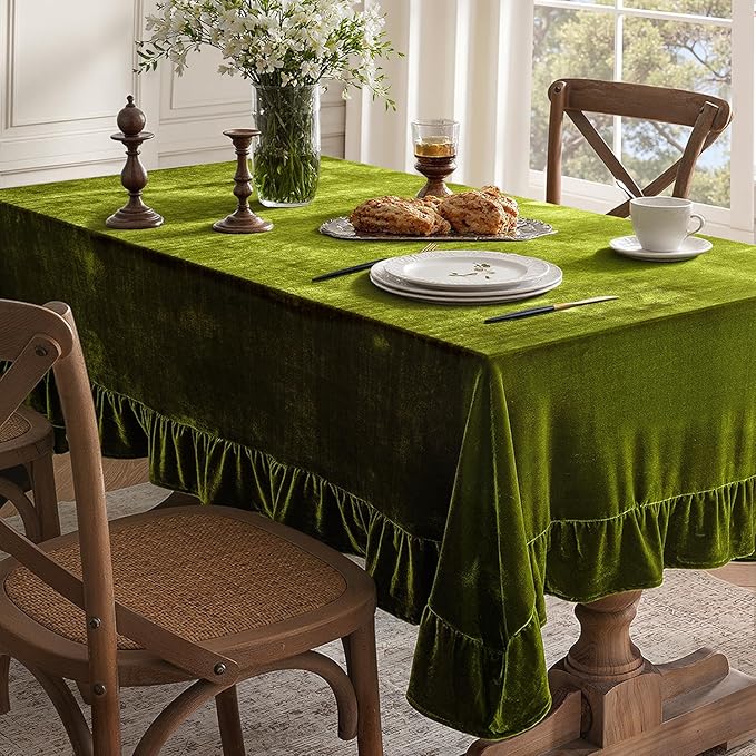 MIULEE Velvet Table Cloth with Decorative Ruffle Edge Luxurious Soft Spring Washable Rectangular Tablecloth Thick Wrinkle-Resistant Oblong Table Cover for Kitchen Dining 60x120 Inch Olive Green