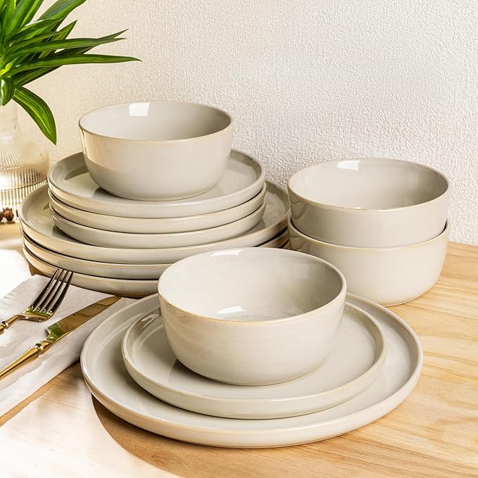 AmorArc Stoneware Dinnerware Sets for 4,Round Reactive Glaze Ceramic Plates and Bowls Set,Highly Scrath Resistant | Dishwasher & Microwave Safe Dishes Set,Service for 4 (12pc)