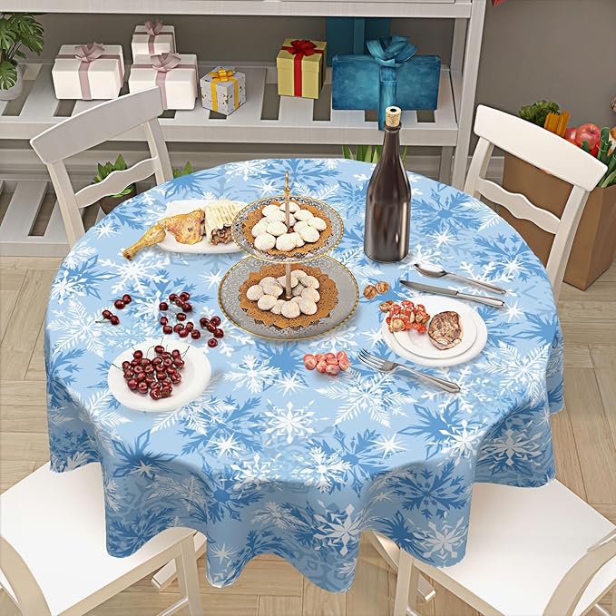 Blue Christmas Round Tablecloth 60 Inch Winter Snowflake Blue and White Table Cloth Round Xmas Holiday Table Cover for Kitchen Dinner Home Decor
