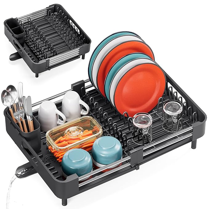 TOOLF Dish Drying Rack with Drainboard, Extendable Dish Rack for Kitchen Counter, Expandable Dish Drainer, Dish Strainer, Foldable Home Countertop Plate Storage Rack with Cutlery Holder, Black