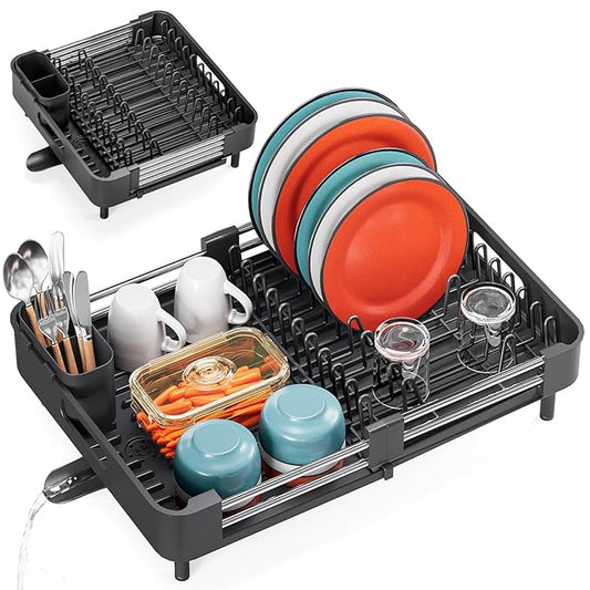 TOOLF Dish Drying Rack with Drainboard, Extendable Dish Rack for Kitchen Counter, Expandable Dish Drainer, Dish Strainer, Foldable Home Countertop Plate Storage Rack with Cutlery Holder, Black