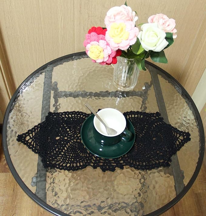 BIBITIME Crochet Lace Table Doilies Eyes Flower Doily Kitchen Vase Place Mats (7 in x 21 in,Pack of 2PCS, Style02-Black)