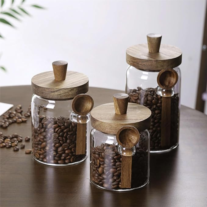 Glass Food Storage Jar with Acacia Wooden Lid and Spoon, Airtight Container for Cereals, Cookies, Snacks, Kitchen Canister Set (1 Pcs, Small/13.5oz)