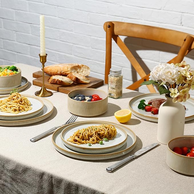 MONITO 12PCS Stoneware Plates and Bowls Sets, Ceramic Dinnerware Sets for 4, Reactive Glaze Dish Set, Chip and Scratch Resistant Double, Microwave and Dishwasher Safe, Beige