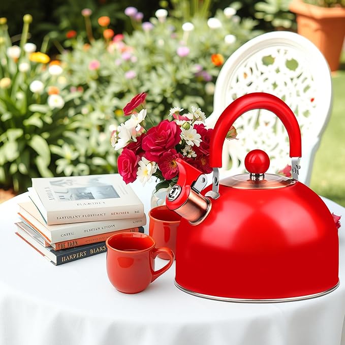 2.6 Quart Red Whistling Tea Kettle, Stainless Steel, Cool-Touch Handle, Loud Whistle, 7.48-inch Base, Induction Compatible