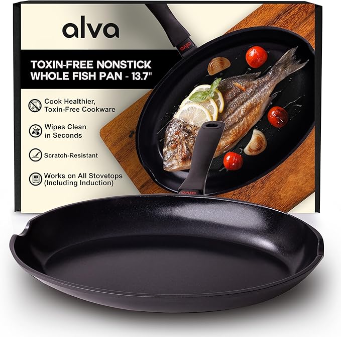 Alva Energy Nonstick Ceramic Fish Pan 13.7" - Lightweight, Easy to Clean and Made without PFAS, PFOA & PTFE - Induction and All Stovetop Compatible with Even Heat Distribution
