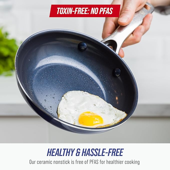 Blue Diamond 8" Nonstick Frying Pan Skillet, Diamond Infused PFAS-Free Ceramic, Dishwasher & Oven Safe, Stainless Steel Handle, Durable Non Toxic Metal Utensil Safe, Egg & Omelet Pan, Blue