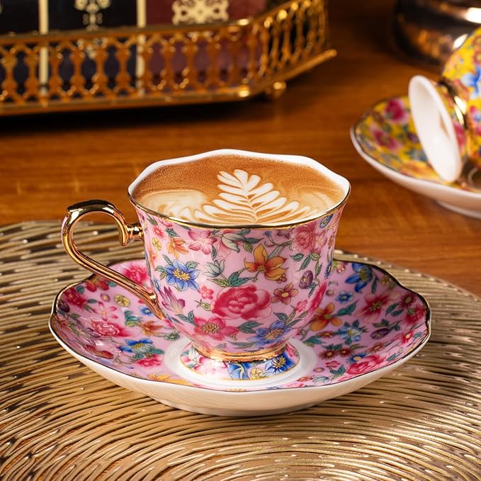 KAMMAK Tea Cups and Saucers Set of 2, Porcelain Coffee Cups with Saucer for Espresso, Cappuccino, 6.3oz Vintage Pink and Yellow Ceramic Novelty Mug for Home, Tea Party, Office