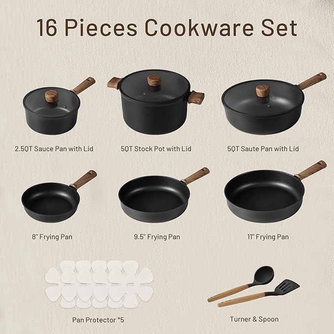 CAROTE Nonstick Pots and Pans, Induction Titanium Cookware Set 16pcs Kitchen Cooking Sets, Pot and Pan Non Stick w/Frying pan (PFOS, PFOA Free)