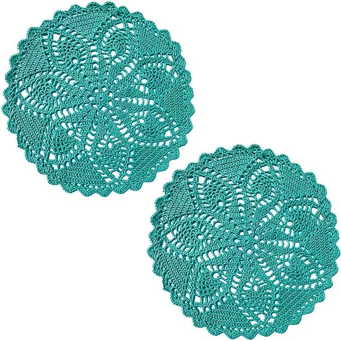 BIBITIME Lace Placemats Table Doilies Round Handmade Crochet Doily Kitchen Cup Mug Mats,Peacock,Pack of 2 PCS
