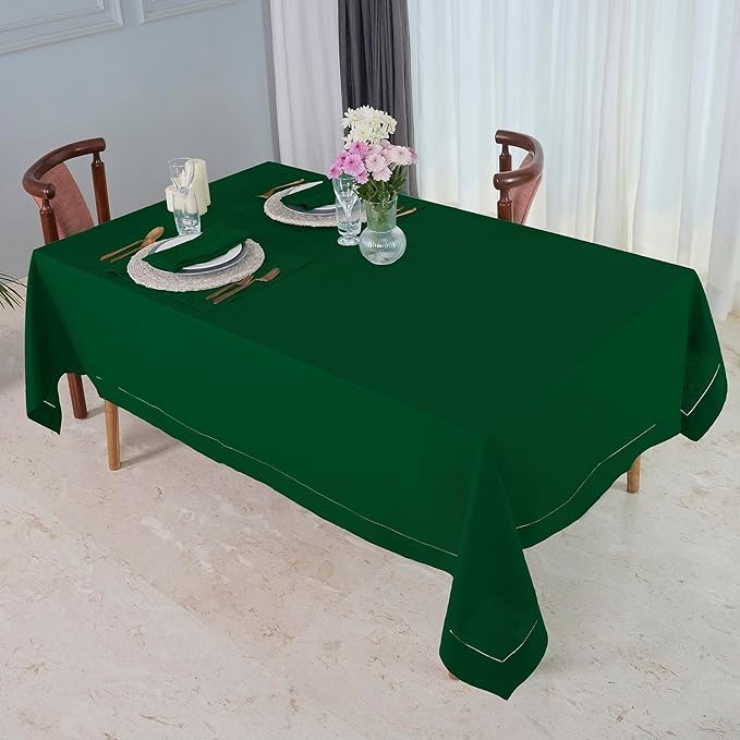D'Moksha Homes Forest Green Linen Tablecloth for Rectangle Tables 60 x 84 Inch - Classic Hemstitch 100% Pure Linen Green Table Cloth - Machine Washable Dining Tablecloth for St Patricks Day, Easter