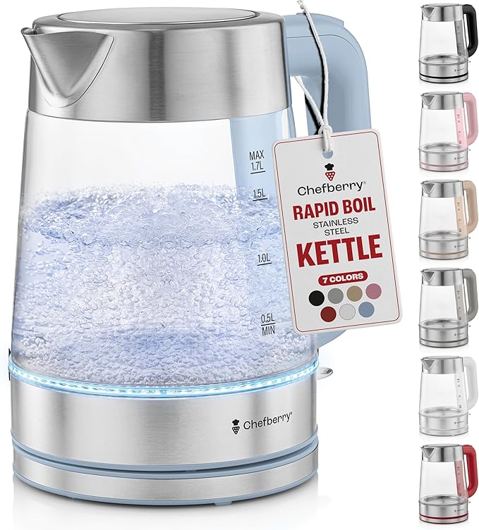 Electric Kettle for Boiling Hot Tea & Water | 1.7L Stainless Steel Borosilicate Glass Boiler With No Plastic, Automatic Shutoff, BPA Free, Fast Heating Technology (Blue)