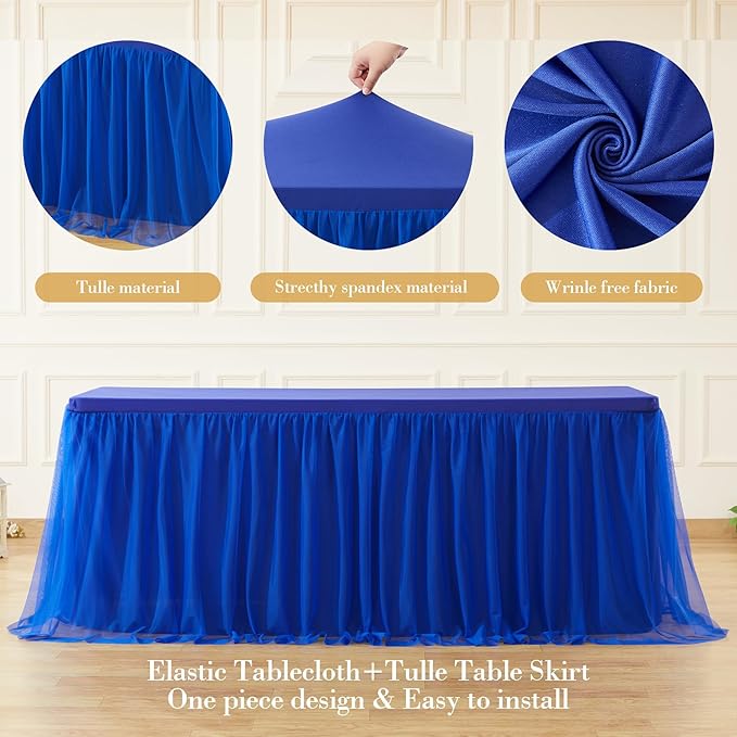 4 Pack 6ft Royal Blue Tulle Tablecloths for Rectangle Tables, 6 Foot Rectangular Table Cloth Wrinkle Free Tablecover with Tutu Skirt for Baby Shower Wedding Birthday Party Banquet Buffet Cake