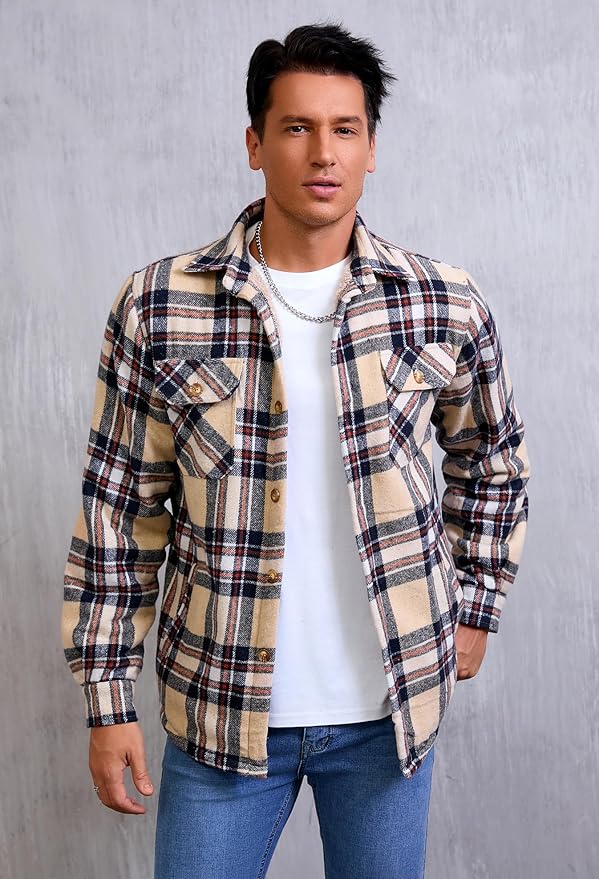 Men's Cotton Sherpa Lined Button Down Flannel Shirt Jacket Plaid Soft Outdoor Flannel Jacket Shirt