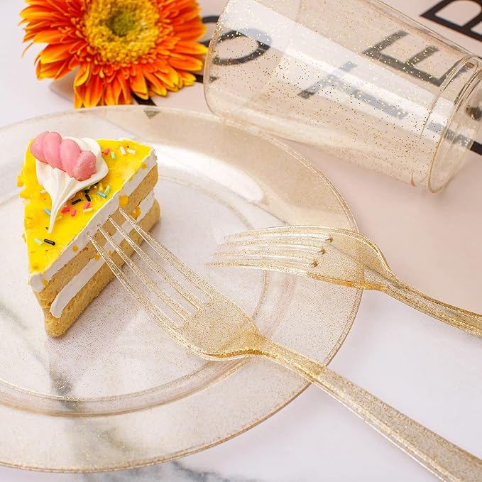 WELLIFE 150PCS Gold Plastic Plates – Gold Glitter Disposable Dinnerware Set for 50 Guests (7.5" Dessert Plates), Includes 50 Plates, 50 Cups & 50 Forks for Wedding & Birthday Party Tableware