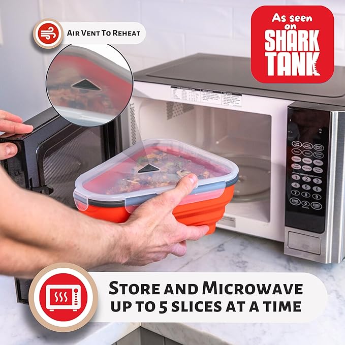 PIZZA PACK The Perfect Reusable Pizza Storage Container with 5 Microwavable Serving Trays - BPA-Free Adjustable Pizza Slice Container to Organize & Save Space, 4 Pack, Red