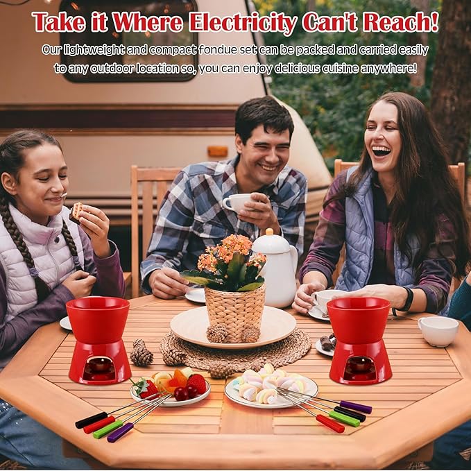 Mudder 6 Pieces Fondue Mug Ceramic Pot and 24 Pieces Forks Set for Melting Chocolate, Cheese, Broth or Tapas on Valentine's Day Gift(Red)