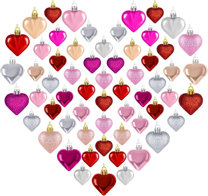 60 PCS Heart Shaped Ornaments, Romantic Glitter Hanging Baubles Decorations, Red Pink Glossy Ornaments Bulk for Valentine's Day Wedding Party Home Decor