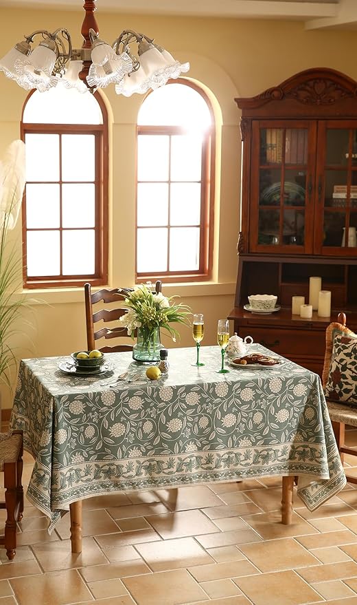 ISAENNE Designer Grayish Green Linen Small Round Tablecloth,Floral Stain Resistant Table Cloth,Fall Vintage Decor Tablecloths for Dining Thanksgiving Kitchen Party,Diameter 55"-Andrew A