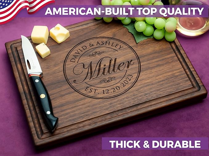 Personalized Cutting Board - Custom Engraved Wood Charcuterie Board - Best Wedding Gift Idea for Couples (Bride & Groom), Newlyweds - Handcrafted in USA from Premium Hardwood (Round Stamp 001)
