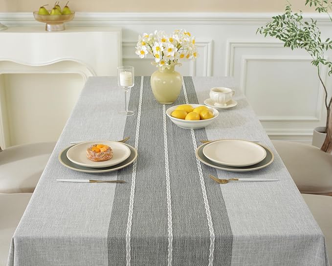 Alsoo Waterproof Rectangle Tablecloth Rustic Table Cloth Cotton Linen Wrinkle Free Tablecloths for Kitchen Dining, Party, Holiday, Christmas, Grey Lines (8-10 Seats, 55"x106")