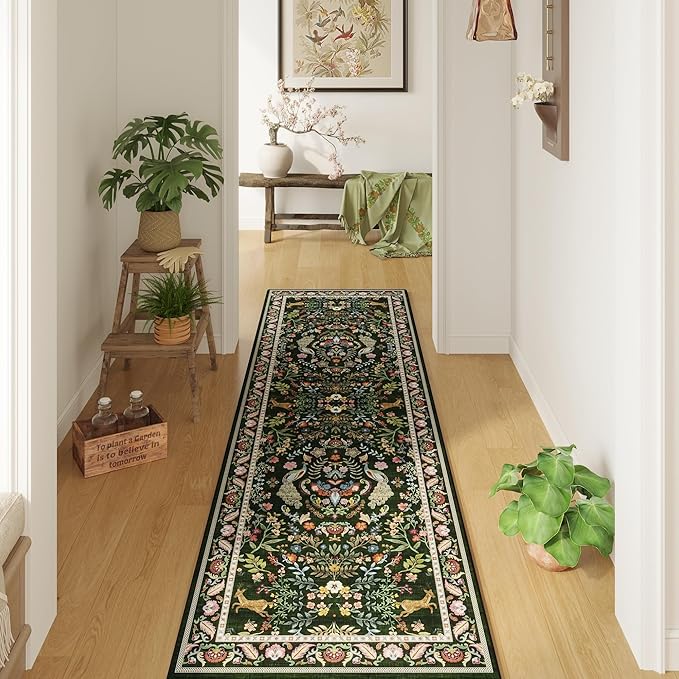 Runner Rug Washable Kitchen 2'x6' Floral Non-Slip for Entryway Indoor Soft Carpet Runner for Hallways, Kitchen, Laundry, Bedroom, Bathroom (Emerald Green)