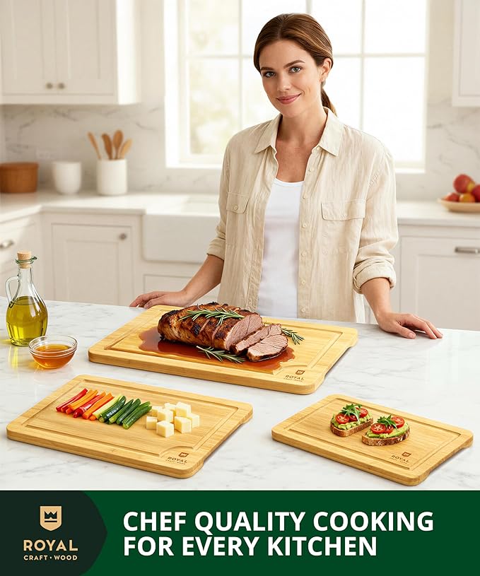 ROYAL CRAFT WOOD Premium Cutting Board Set – Non Toxic Bamboo & Wooden Cutting Boards for Kitchen Meal Prep, Durable Butcher Block for Meat with Side Handles, Deep Juice Groove, Charcuterie & Chopping