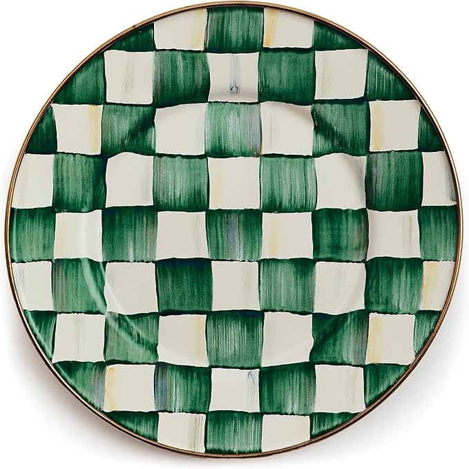MACKENZIE-CHILDS Enamel Salad and Dessert Plate, Small Plate for a Dessert or Appetizer Dish, 8 Inches, Green-and-White Emerald Check