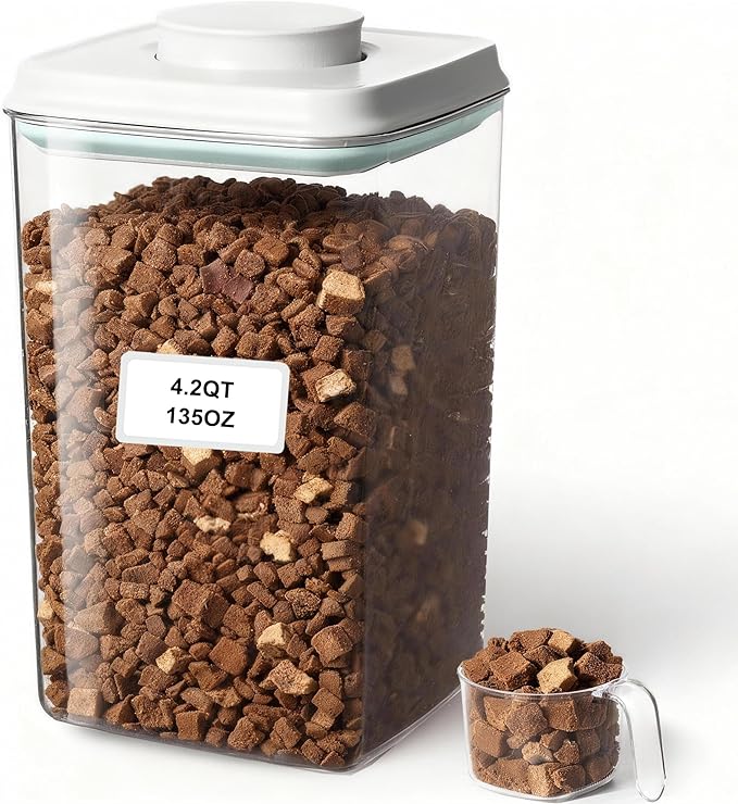 3-5 Lbs Dog-Cat Treat Container Pop Pet Food Storage Container for Kibble & Treats with 130ml / 0.13qt Measure Scoop, Stackable Pop Lid Plastic Container (4000ml / 4.2qt *1)