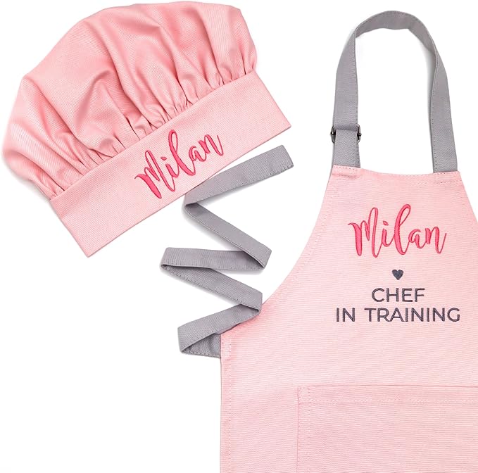 Personalized toddler apron for kitchen, custom cooking apron + chef hat set for kids, boy girl chef costume
