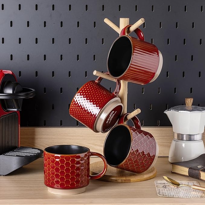 GBhome 15OZ Stackable Coffee Mugs Set of 4, Ceramic Coffee Cups with Texture Patterns for Man,Woman. Elegant Mugs Set for Latte/Cappuccino/Cocoa. Dishwasher&Microwave Safe, Red