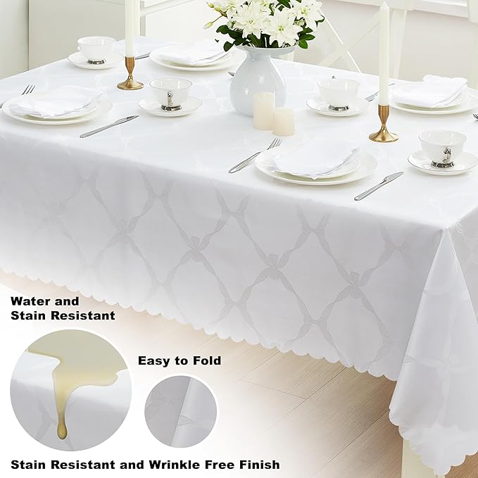 Newbridge Ribbons and Bows Damask Spring & Easter Holiday Fabric Tablecloth, White, 52 x 70 Inch Rectangle, Wrinkle & Stain Resistant Table Cover