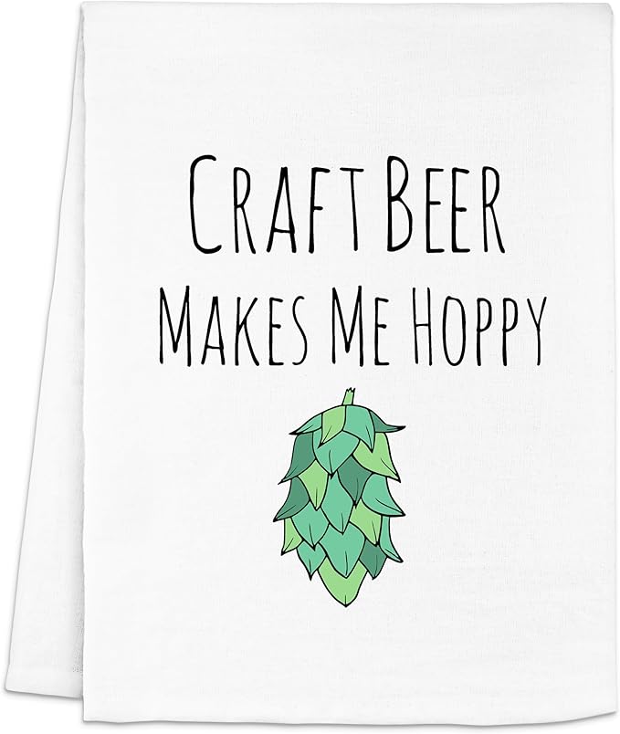 Moonlight Makers, Colorful Funny Dish Towel, Flour Sack Kitchen Towel, Sweet Housewarming Gift, Farmhouse Kitchen Decor (Craft Beer Makes Me Hoppy)