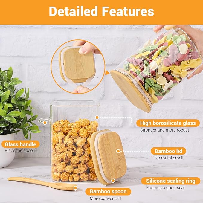 Glass Storage Jars with Airtight Lid - 4 Pack 37 Fl.oz Square Glass Jars with Bamboo Lids and Spoon, Includes Labels and Marker, Large Kitchen Canisters for Cereal, Flour, Sugar Coffee Container