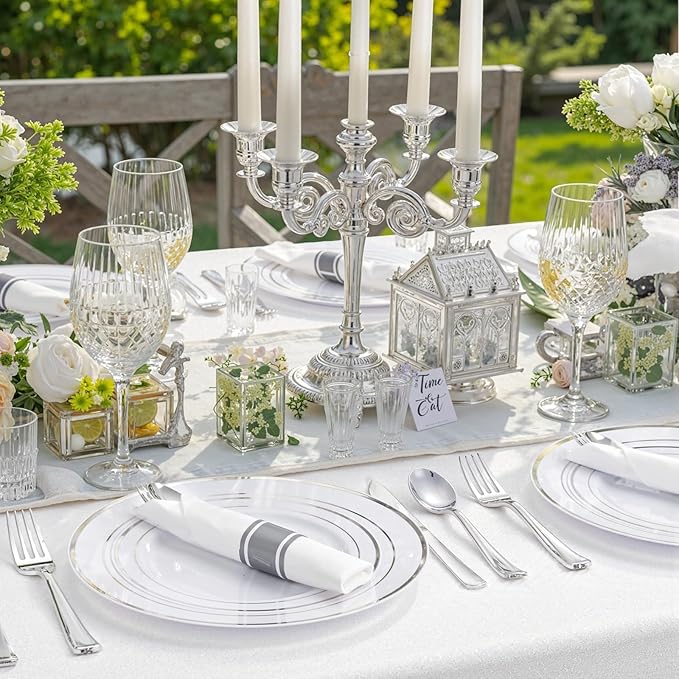 350Piece Silver Plastic Dinnerware Set for 50 Guests - Silver Plastic Plates with Cutlery Include:50Dinner Plates-50Dessert Plates-50Pre Rolled Napkins with Silverware Valentine's Day