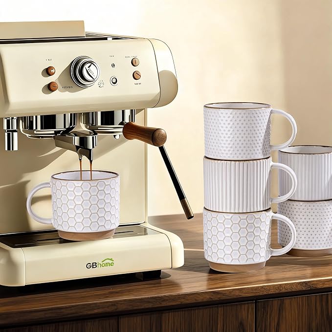 GBhome 15OZ Stackable Coffee Mugs, Ceramic Coffee Mugs with Texture Patterns for Man,Woman,Dad,Mom, Modern Coffee Mugs Set of 4 for Latte/Cappuccino/Cocoa. Dishwasher&Microwave Safe, Off White | for Man, Woman, Dad, Mom