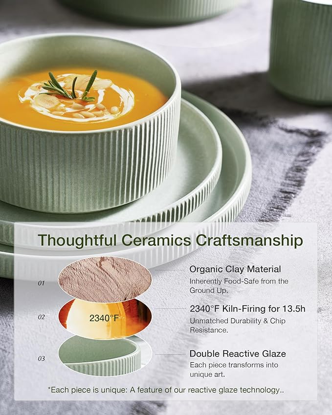 Famiware Star Dinnerware Set, Plates and Bowls Sets for 4 (12pcs), Ribbed Stoneware Dishes - Chip & Scratch Resistant, Microwave & Dishwasher Safe, Matte Sage Green