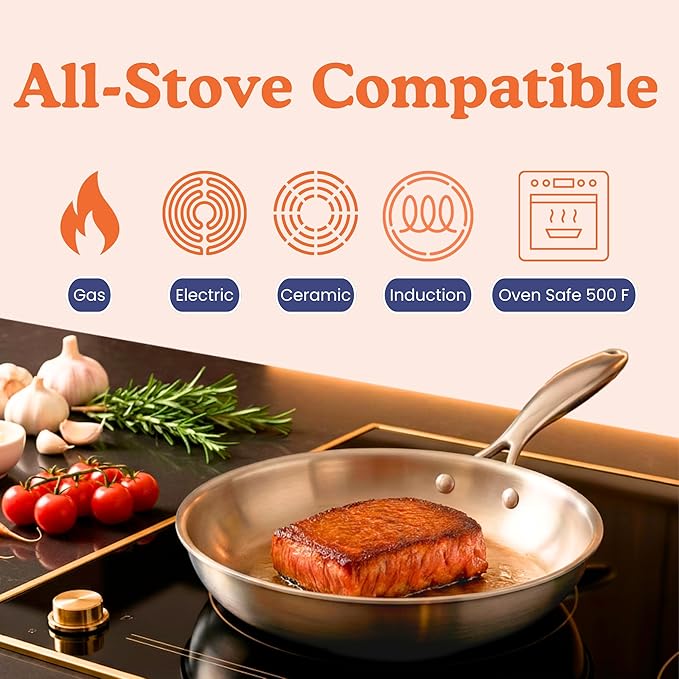 Ziruma Non-Toxic 8" Surgical Grade Stainless Steel Frying Pan, Fully Clad for Fast & Even Heat, PFOA-Free, Induction Compatible, Oven Safe to 500°F