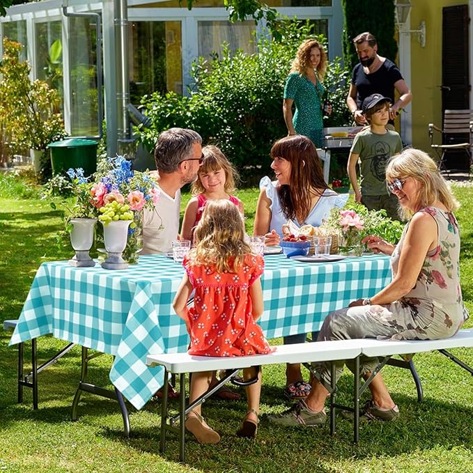 Hiasan 60 x 84 Inch Checkered Tablecloth Rectangle - Waterproof and Wrinkle Resistant Table Cloth for Picnic, Dinner and Party, Washable Polyester Fabric, Turquoise and White Gingham Pattern