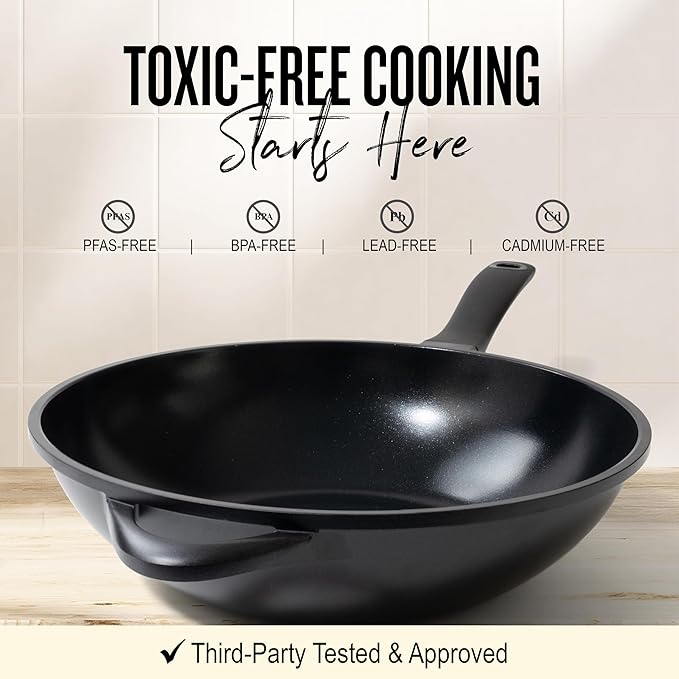 Alva Energy 12-Inch Ceramic Nonstick Wok – PFAS-Free Ceramic Coating, Lightweight Aluminum, Induction Compatible, Scratch-Resistant, Stay-Cool Handle